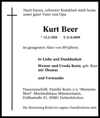 Traueranzeige von Kurt Beer von Tageszeitung