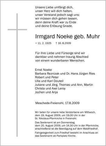 Traueranzeige von Irmgard Noeke von Tageszeitung