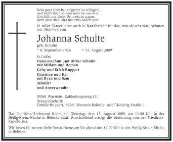 Traueranzeige von Johanna Schulte von Tageszeitung