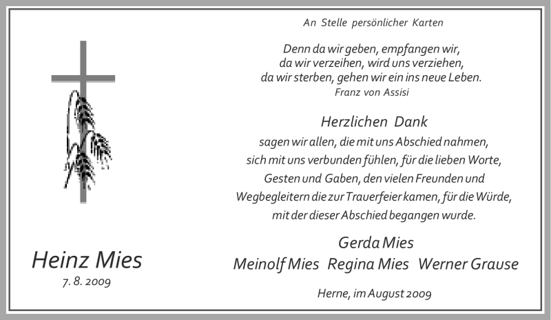  Traueranzeige für Heinz Mies vom 22.08.2009 aus Tageszeitung