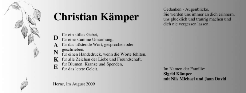  Traueranzeige für Christian Kämper vom 15.08.2009 aus Tageszeitung