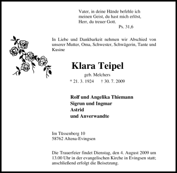 Traueranzeige von Klara Teipel von Tageszeitung