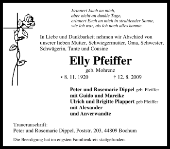 Traueranzeige von Elly Pfeiffer von Tageszeitung