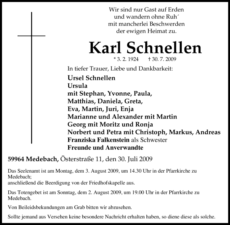  Traueranzeige für Karl Schnellen vom 01.08.2009 aus Tageszeitung