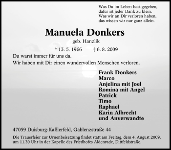 Traueranzeige von Manuela Donkers von Tageszeitung