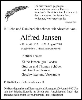 Traueranzeige von Alfred Jansen von Tageszeitung