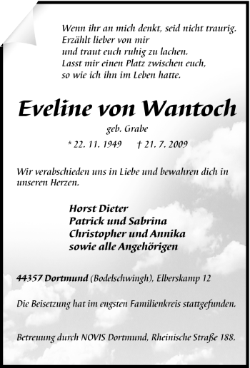 Traueranzeige von Eveline von Wantoch von Tageszeitung
