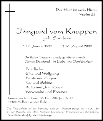 Traueranzeige von Irmgard vom Knappen von Tageszeitung