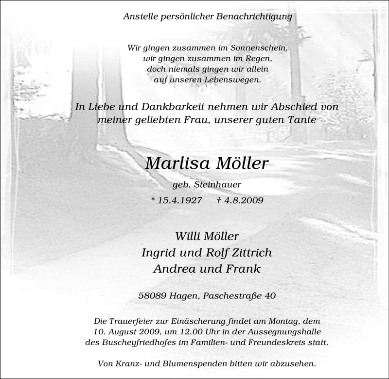  Traueranzeige für Marlisa Möller vom 07.08.2009 aus Tageszeitung