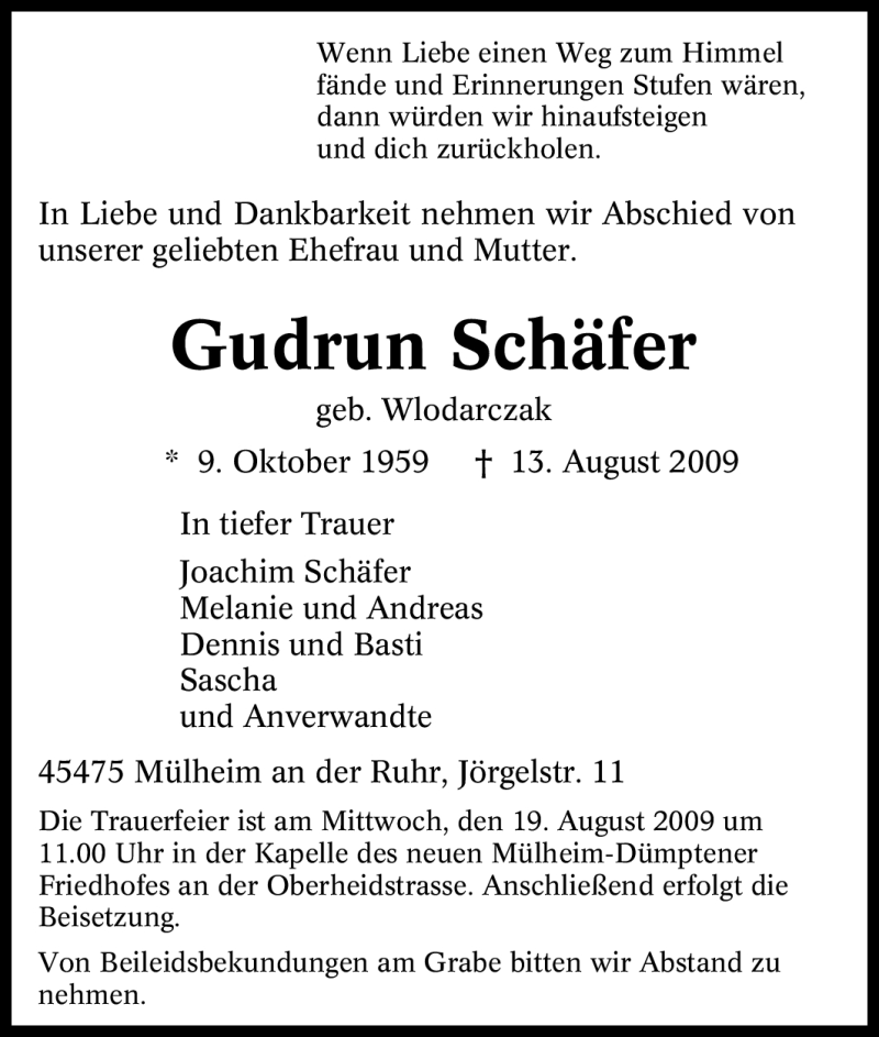  Traueranzeige für Gudrun Schäfer vom 15.08.2009 aus Tageszeitung