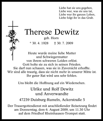Traueranzeige von Therese Dewitz von Tageszeitung