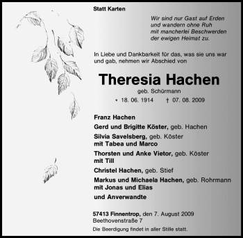 Traueranzeige von Theresia Hachen von Tageszeitung