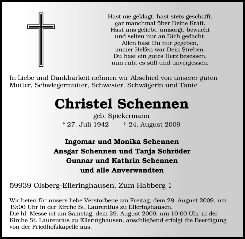  Traueranzeige für Christel Schennen vom 26.08.2009 aus Tageszeitung
