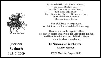 Traueranzeige von Johann Seebach von Tageszeitung