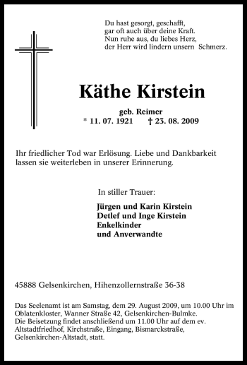 Traueranzeige von Käthe Kirstein von Tageszeitung