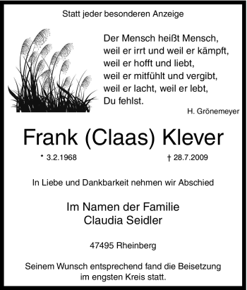Traueranzeige von Frank Klever von Tageszeitung