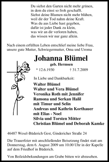 Traueranzeige von Johanna Blümel von Tageszeitung