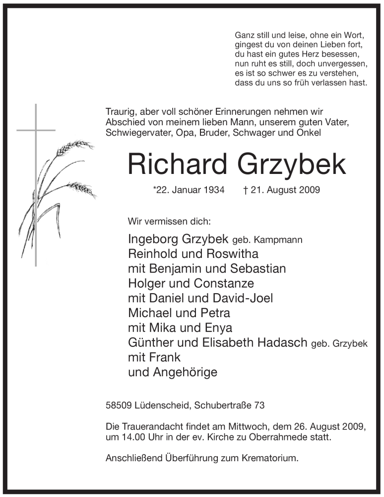  Traueranzeige für Richard Grzybek vom 22.08.2009 aus Tageszeitung