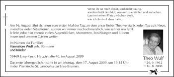Traueranzeige von Theo Wulf von Tageszeitung