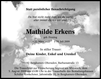 Traueranzeige von Mathilde Erkens von Tageszeitung