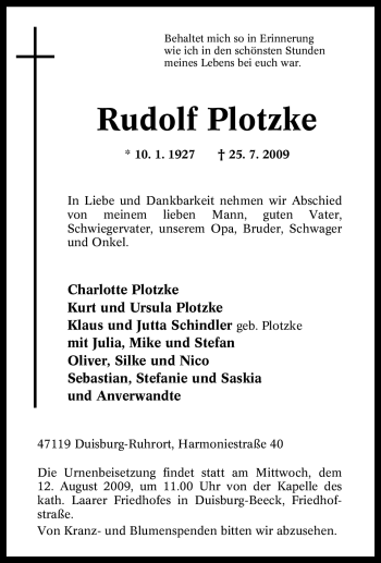 Traueranzeige von Rudolf Plotzke von Tageszeitung