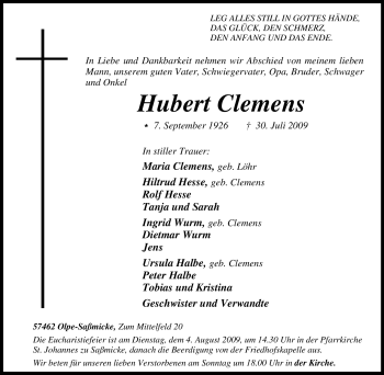 Traueranzeige von Hubert Clemens von Tageszeitung
