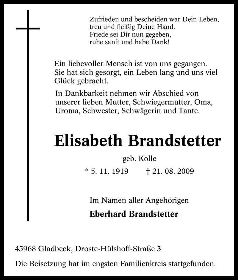  Traueranzeige für Elisabeth Brandstetter vom 28.08.2009 aus Tageszeitung