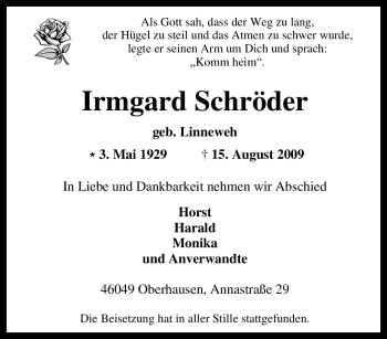 Traueranzeige von Irmgard Schröder von Tageszeitung