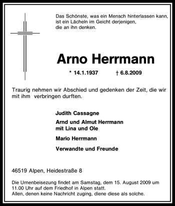 Traueranzeige von Arno Herrmann von Tageszeitung