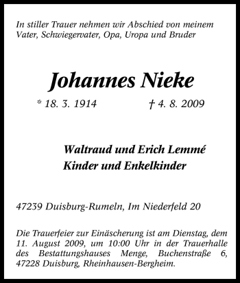 Traueranzeige von Johannes Nieke von Tageszeitung