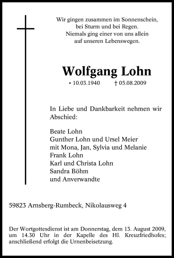 Traueranzeige von Wolfgang Lohn von Tageszeitung