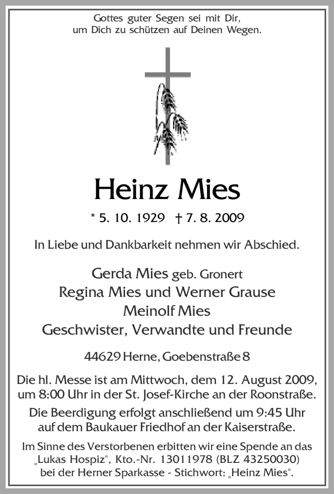  Traueranzeige für Heinz Mies vom 08.08.2009 aus Tageszeitung