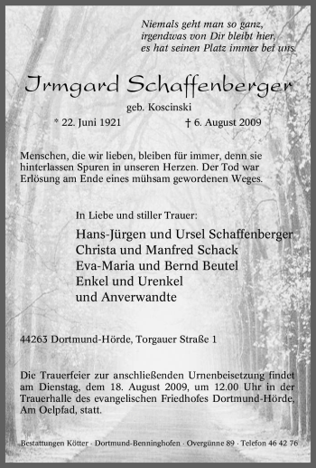 Traueranzeige von Irmgard Schaffenberger von Tageszeitung