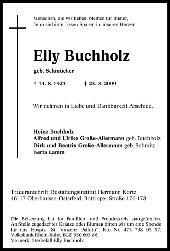 Traueranzeige von Elly Buchholz von Tageszeitung
