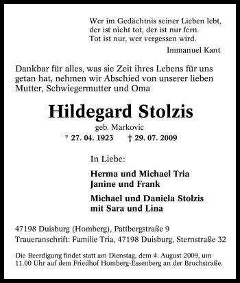 Traueranzeige von Hildegard Stolzis von Tageszeitung
