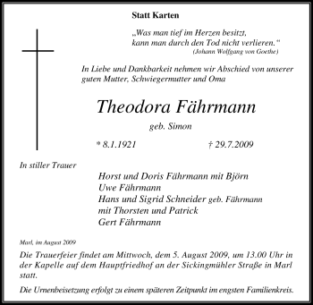 Traueranzeige von Theodora Fährmann von Tageszeitung