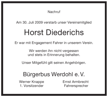 Traueranzeige von Horst Diederichs von Tageszeitung