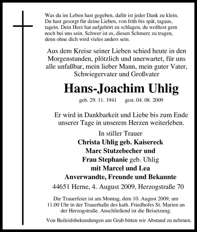  Traueranzeige für Hans-Joachim Uhlig vom 07.08.2009 aus Tageszeitung