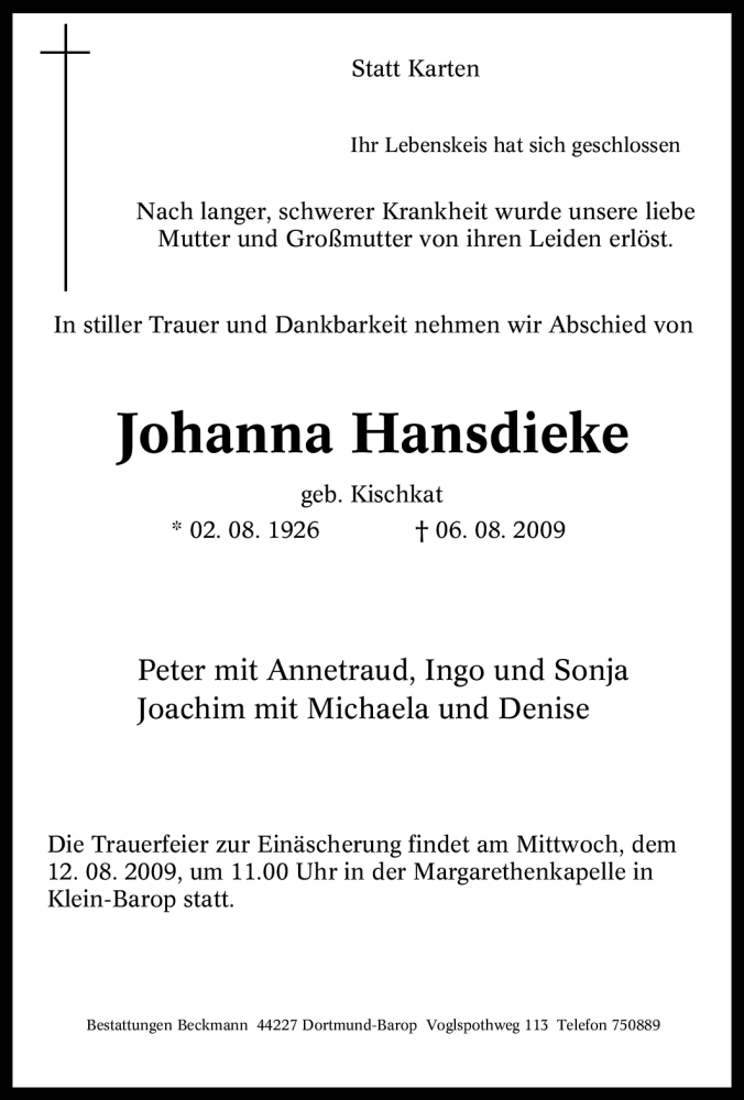  Traueranzeige für Johanna Hansdieke vom 08.08.2009 aus Tageszeitung