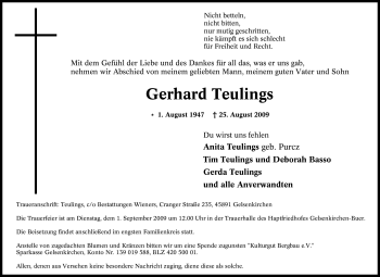 Traueranzeige von Gerhard Teulings von Tageszeitung