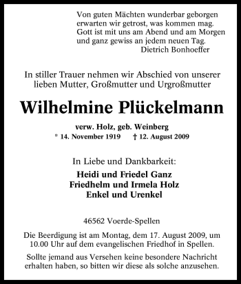 Traueranzeige von Wilhelmine Plückelmann von Tageszeitung