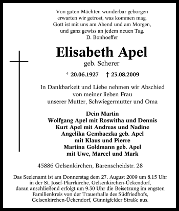 Traueranzeige von Elisabeth Apel von Tageszeitung