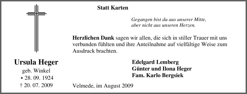  Traueranzeige für Ursula Heger vom 29.08.2009 aus Tageszeitung
