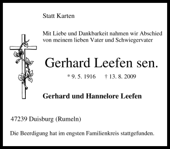 Traueranzeige von Gerhard Leefen sen. von Tageszeitung