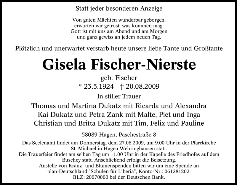  Traueranzeige für Gisela Fischer-Nierste vom 22.08.2009 aus Tageszeitung
