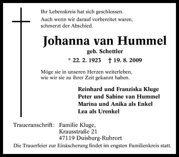 Traueranzeige von Johanna van Hummel von Tageszeitung