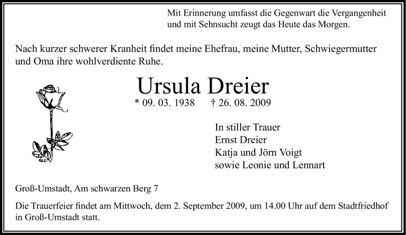  Traueranzeige für Ursula Dreier vom 29.08.2009 aus Tageszeitung