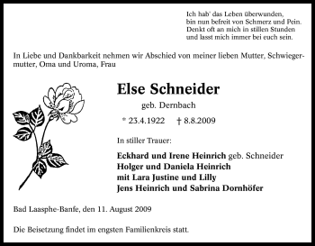Traueranzeige von Else Schneider von Tageszeitung