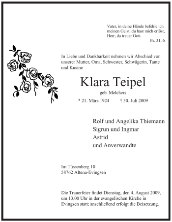 Traueranzeige von Klara Teipel von Tageszeitung