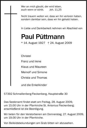 Traueranzeige von Paul Püttmann von Tageszeitung
